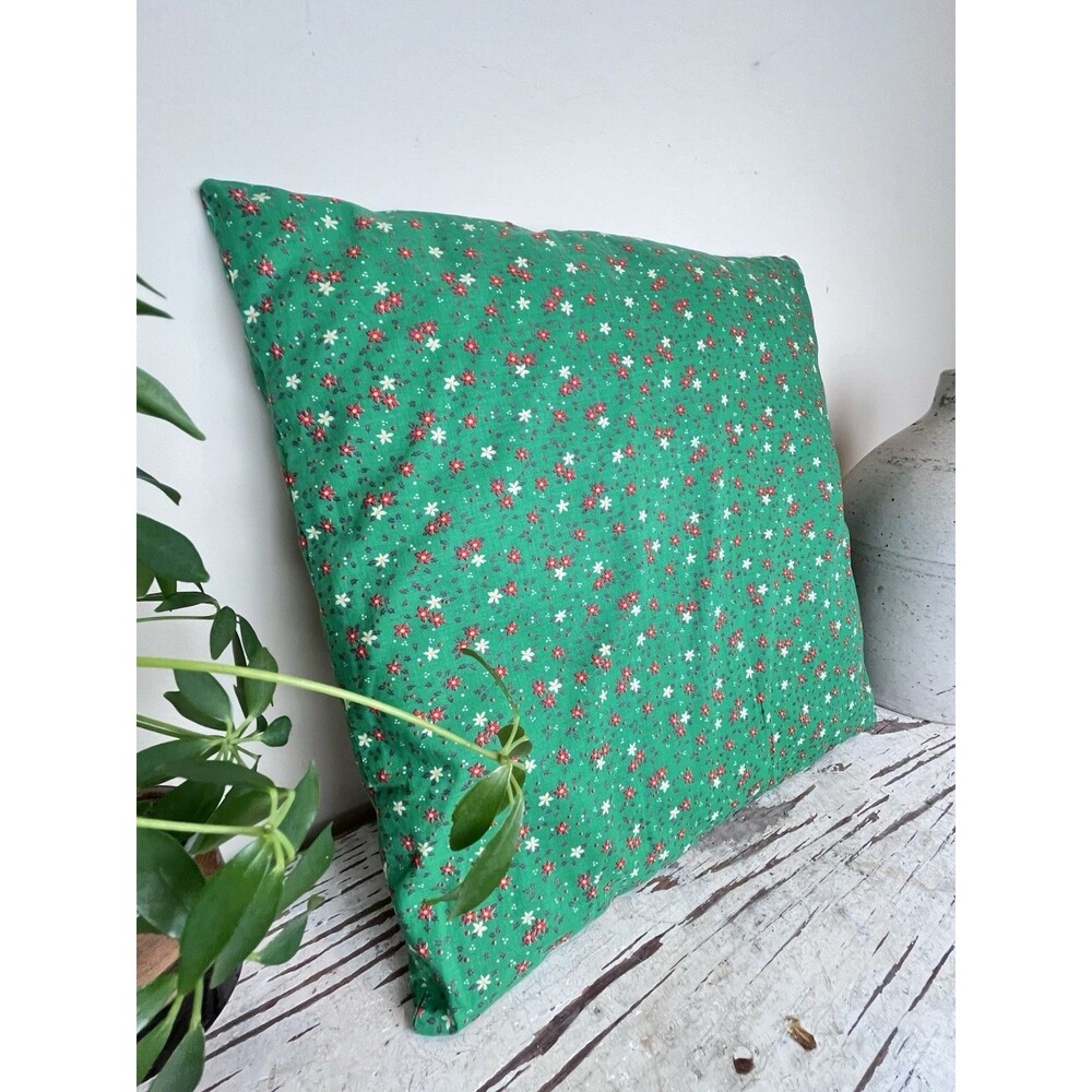 Vintage 1970’s Green Floral Fabric Hand Sewn Square Throw Pillow 15” Cottage